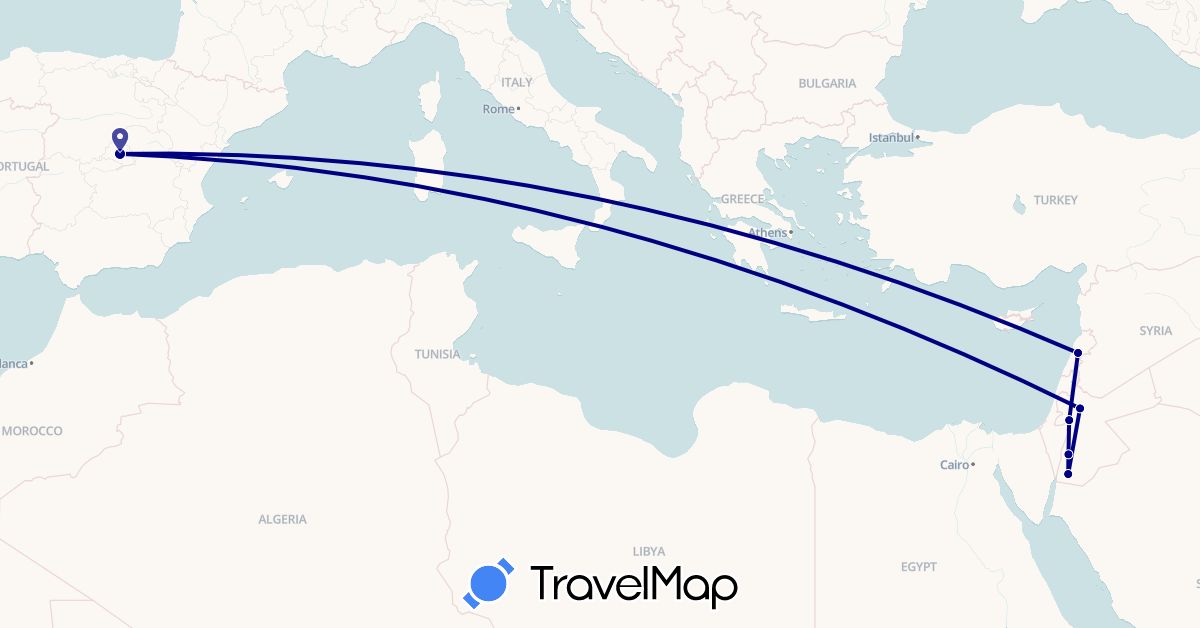 TravelMap itinerary: driving in Spain, Jordan, Lebanon, Palestinian Territories (Asia, Europe)